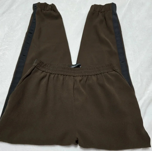 Zara Woman Relaxed Fit Pull On Joggers, Brown Olive w/Black Tuxedo Stripe, EUC! - Picture 6 of 7
